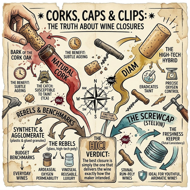 An ink infographic illustrating the four types of wine closures—Natural Cork, DIAM, Screwcap, and Synthetics—mapping how they control oxygen to either age fine wine or preserve vibrant freshness.