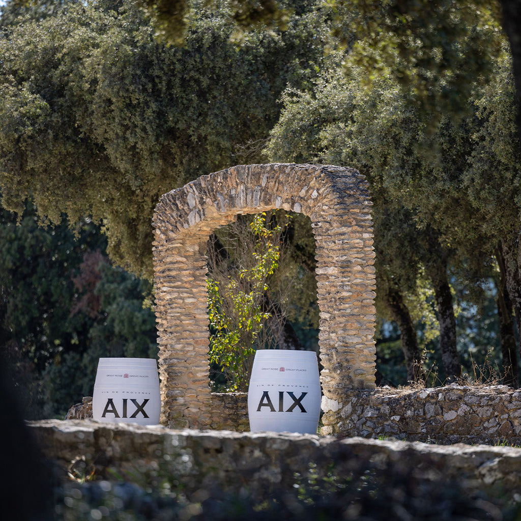 White Maison Saint Aix wine barrels resting beneath a historic stone archway at the estate in Coteaux d'Aix-en-Provence.