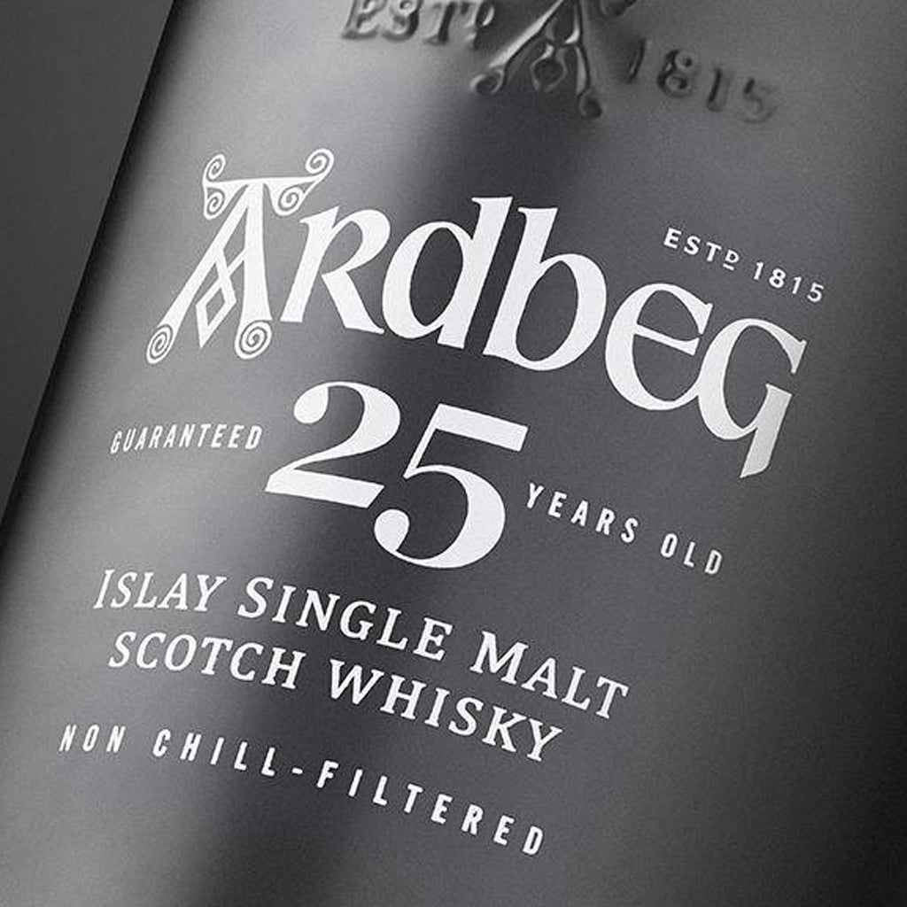 Close up image of Ardbeg 25 Year Old Islay Single Malt Scotch Whisky Label