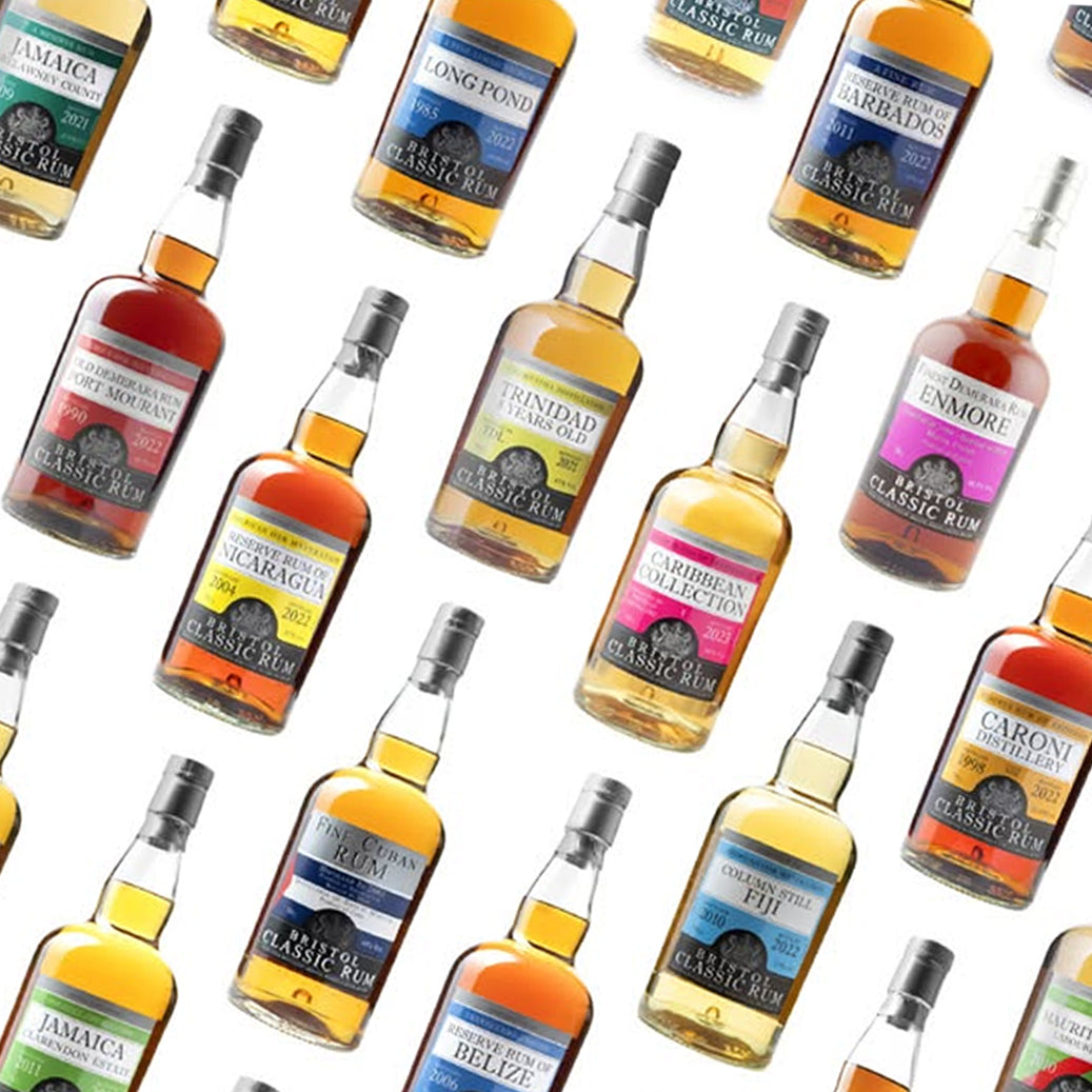 Floating bottle images of Bristol Classic Rums on a white background