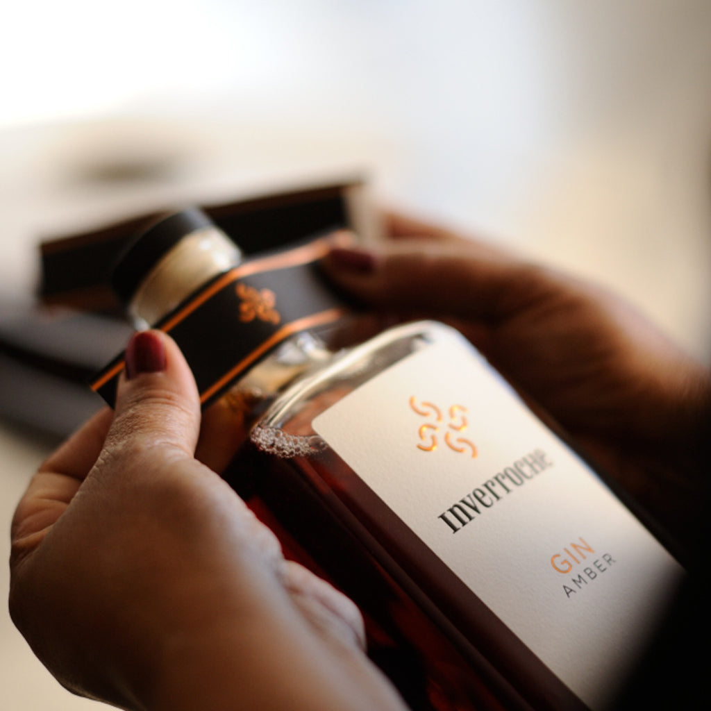 Bottle of Inverroche Amber Gin been hand finished with ribbon