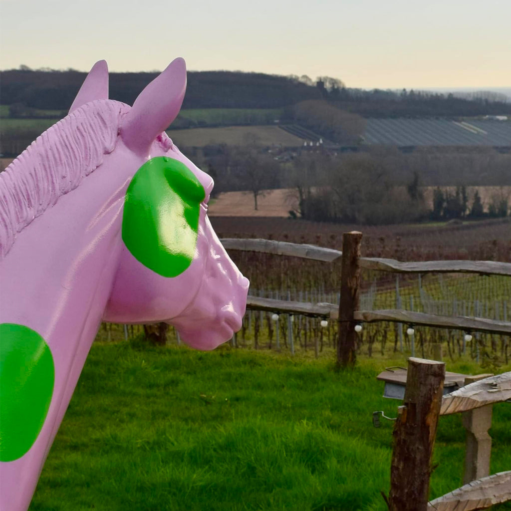 Racehorse Statue in Susannah Ricci's Racing Silks overlooking the Yotes Court Vineyards