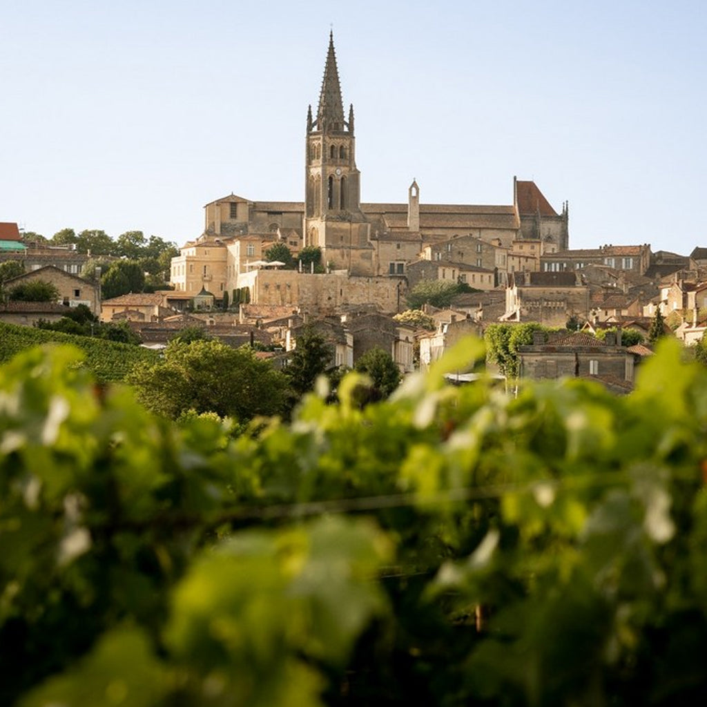 A scenic view of the historic Saint-Émilion village and church spire rising above lush green vineyards in the Right Bank of Bordeaux.