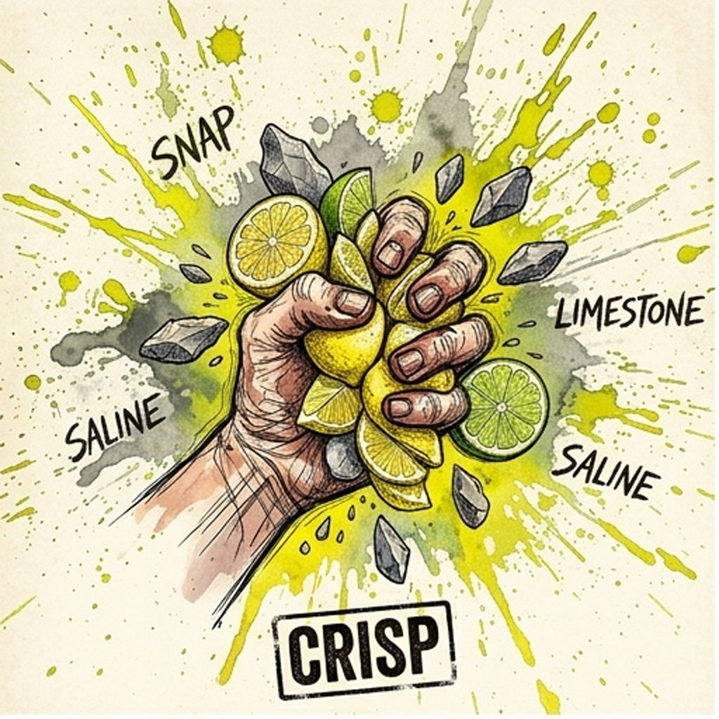 The "Mouth-Watering Snap" (Refencing Chablis/Sauvignon). The hand is powerfully crushing lemons, lime halves, and pieces of flint/limestone, accompanied by a dynamic yellow and green splash.