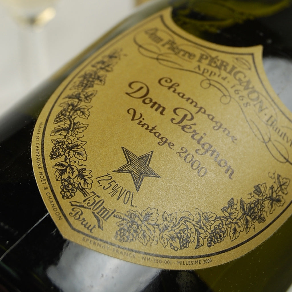 Close up image of a Dom Pérignon champagne label vintage dated 2000
