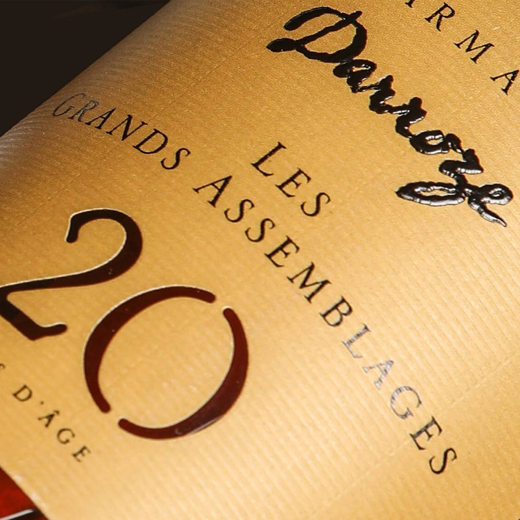Close up image of Darroze Les Grands Assemblages 20 Year Old Armagnac label.