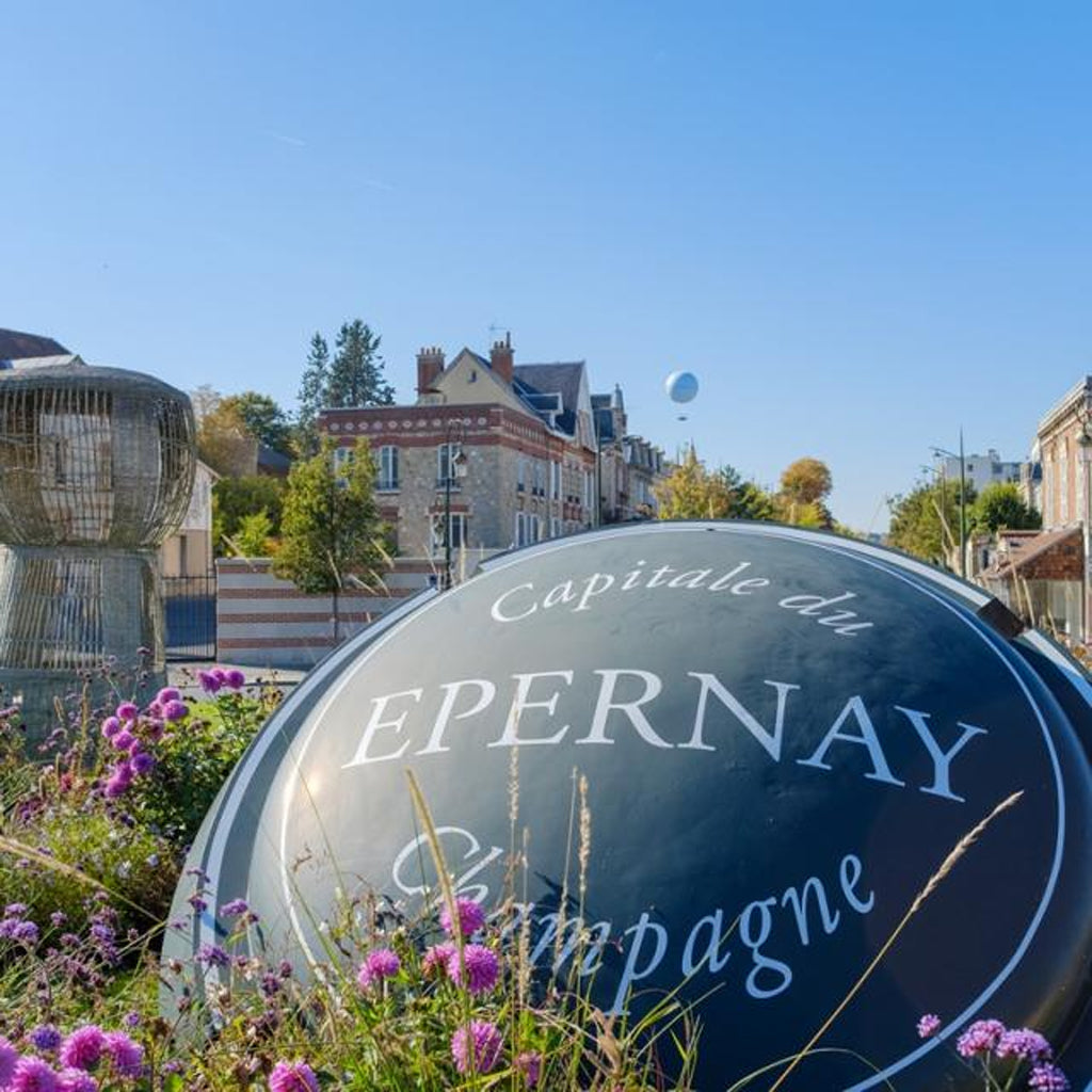 The iconic "Capitale du Champagne" sign in Épernay, France, surrounded by flowers with the Ballon d'Épernay in the distance.
