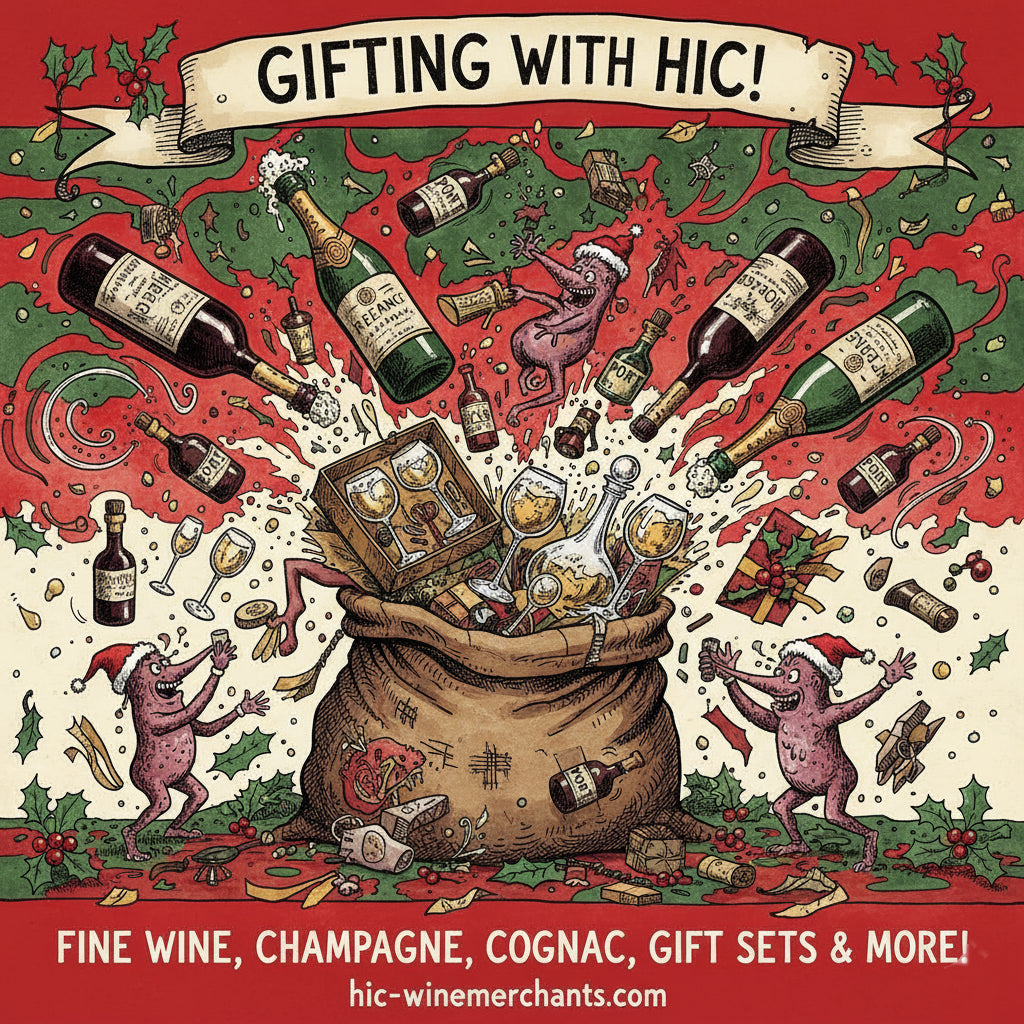 Chaotic Cartoon Scene of Festive elves packing Wine Bottle Gifts