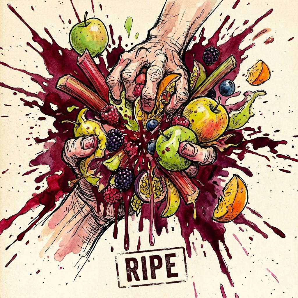 Manic Fruit & Berries Artistic Image in the style of Ralph Steadman