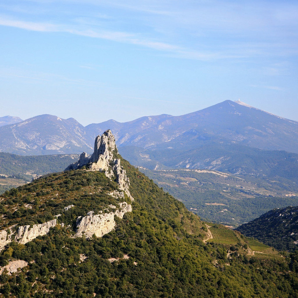 Panoramic ariel view of the Dentelles de Montmiral in Southern Rhône