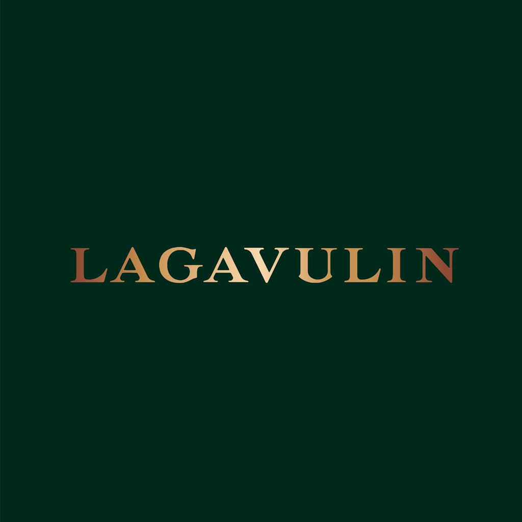 The word Lagavulin on a deep green background