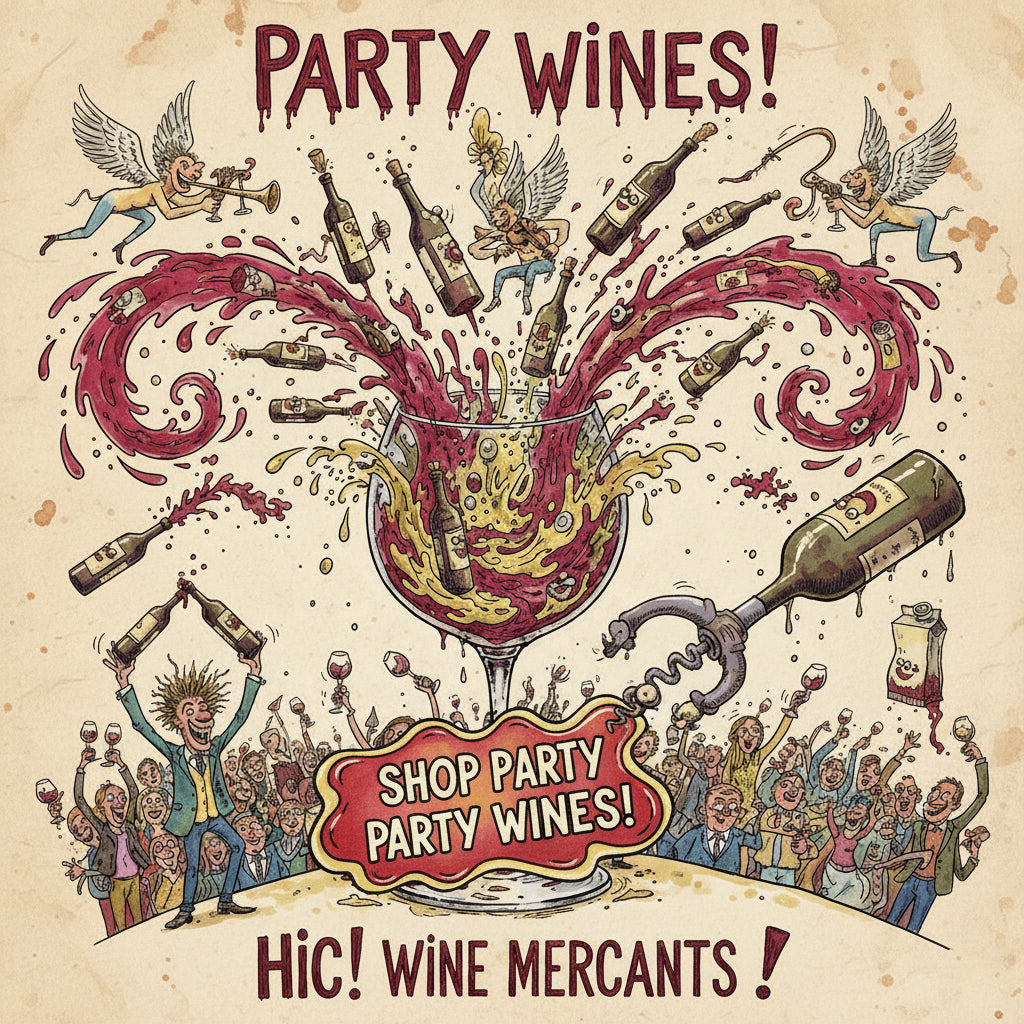 Ralph Steadman style chaotic illustration of people having a party with red wine, white wine and fizz bottles
