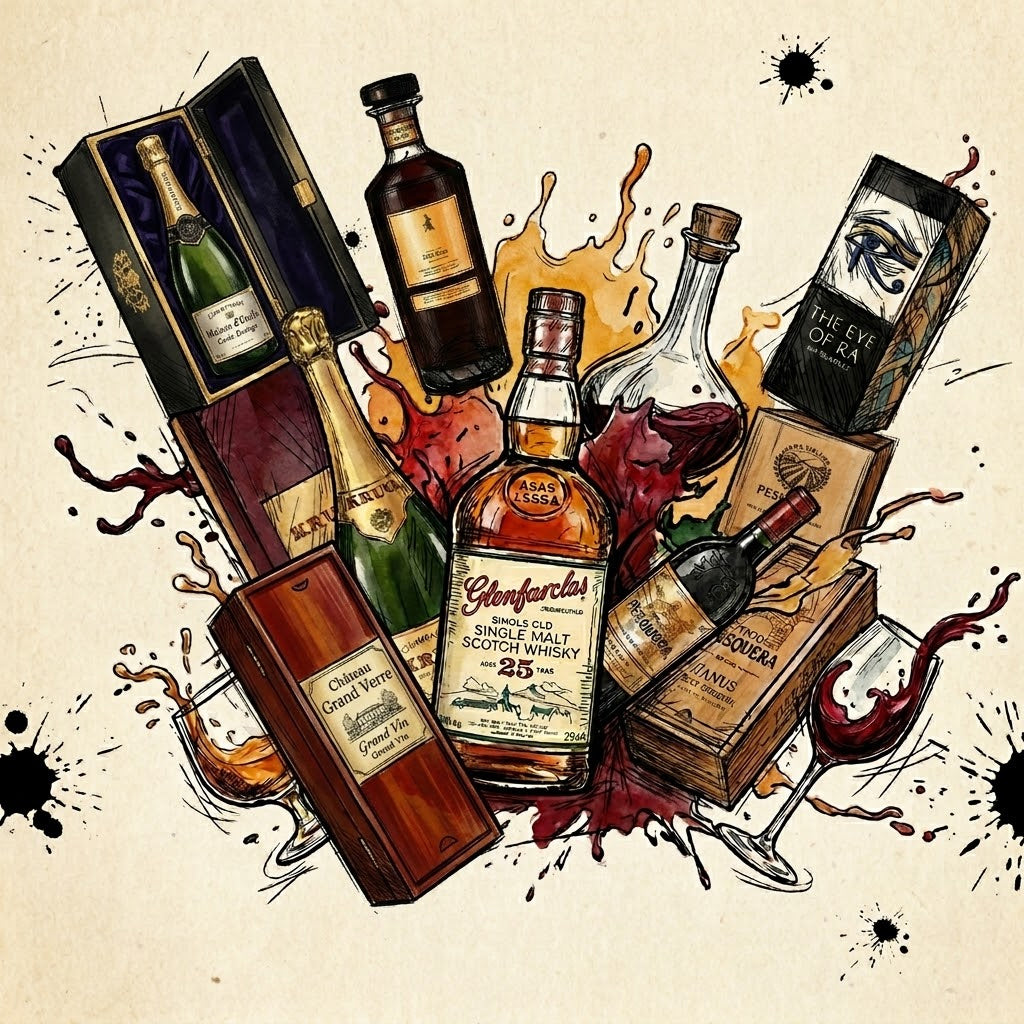 dynamic, Steadman-style illustration for Hic! Wine Merchants showcasing a premium collection of gift-boxed wines, champagnes, and luxury spirits, surrounded by energetic splashes of red wine and black ink splatters on a textured cream background.