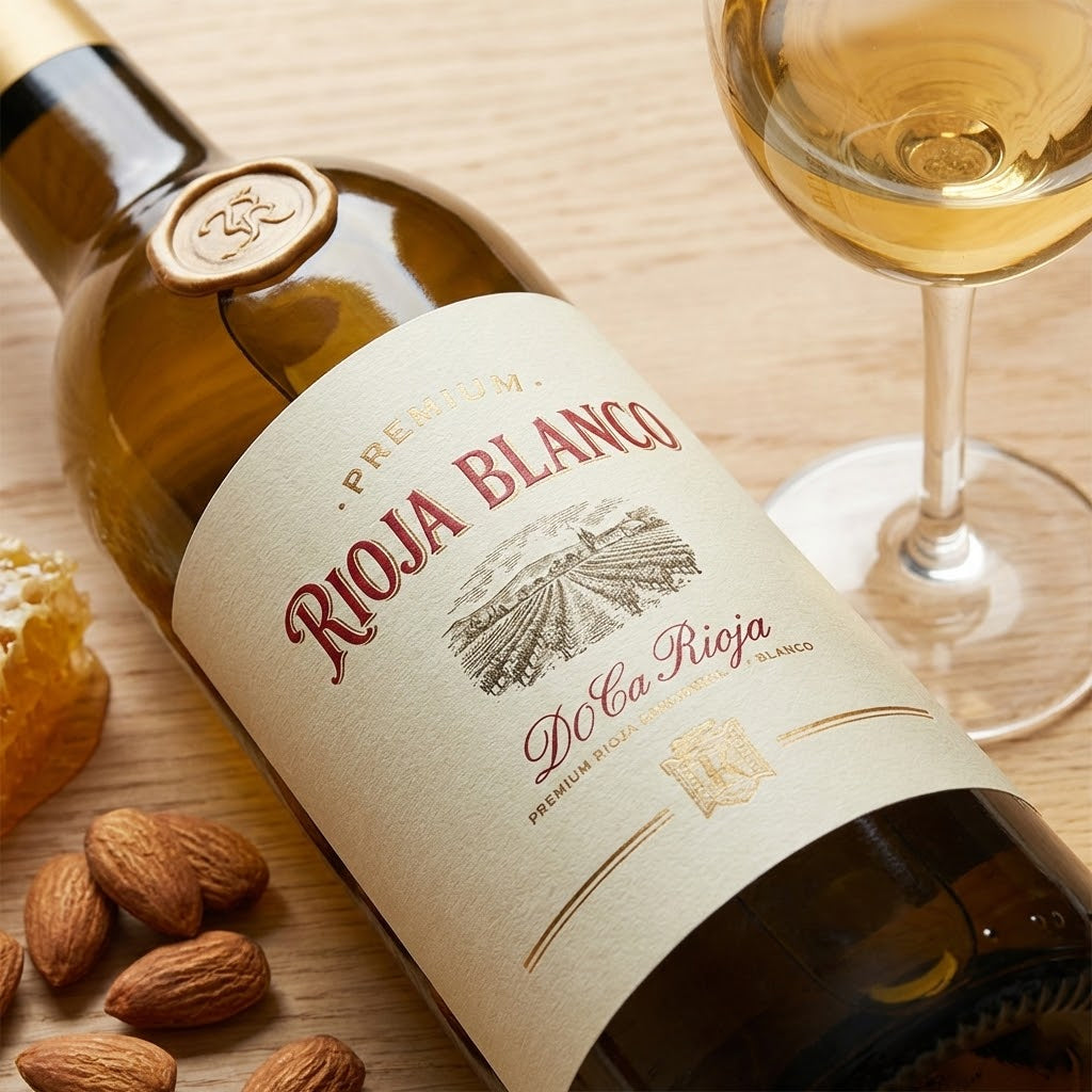 Close up image of a Rioja Blanco Wine Bottle, almonds and glass of wine