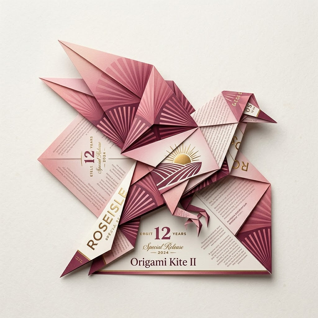 An artistic image of the Roseisle Kite composed in an origami style of folded bottle labels
