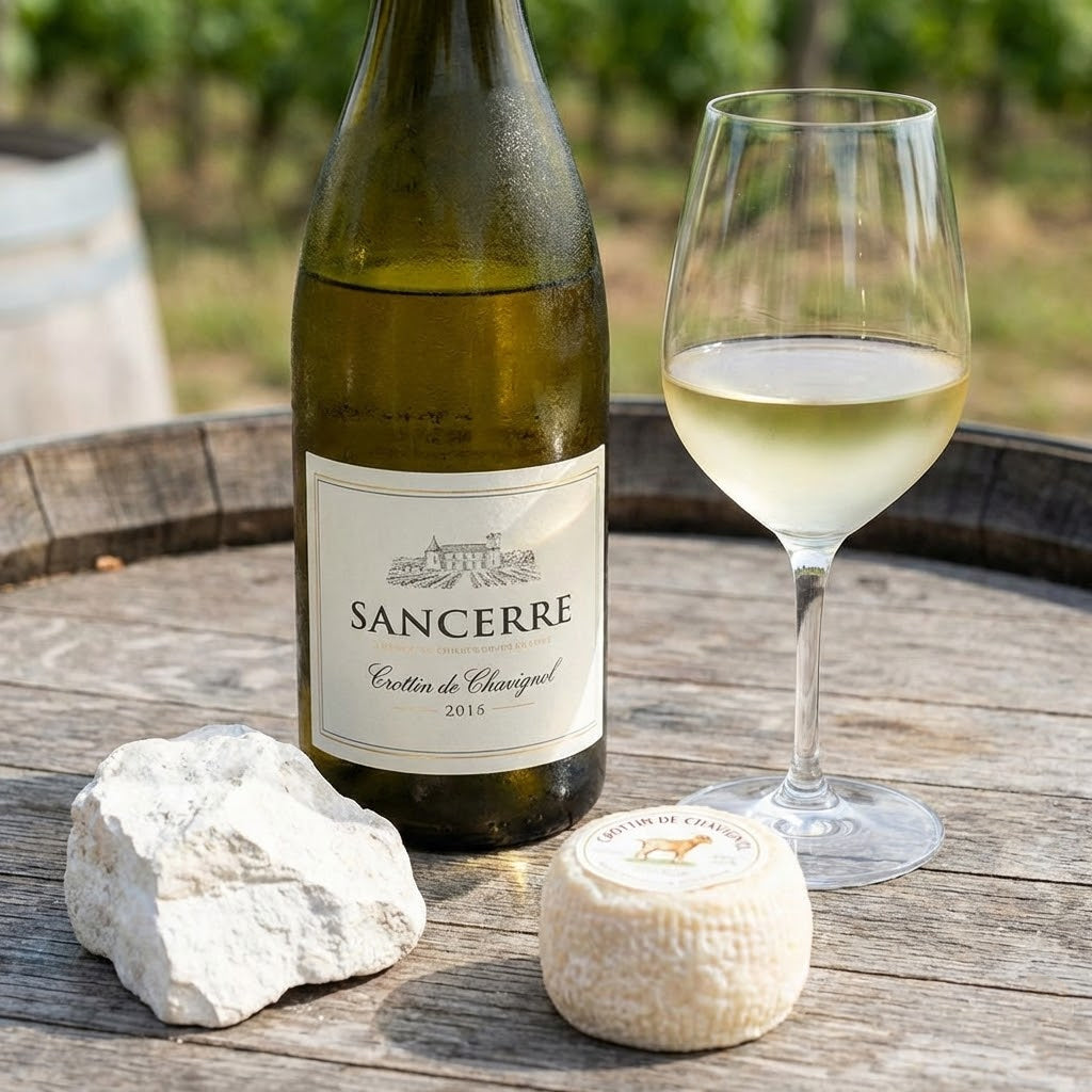 Bottle of Sancerre and wine glass atop a wine barrel with truckle of local cheese and piece of flint rock from the vineyards