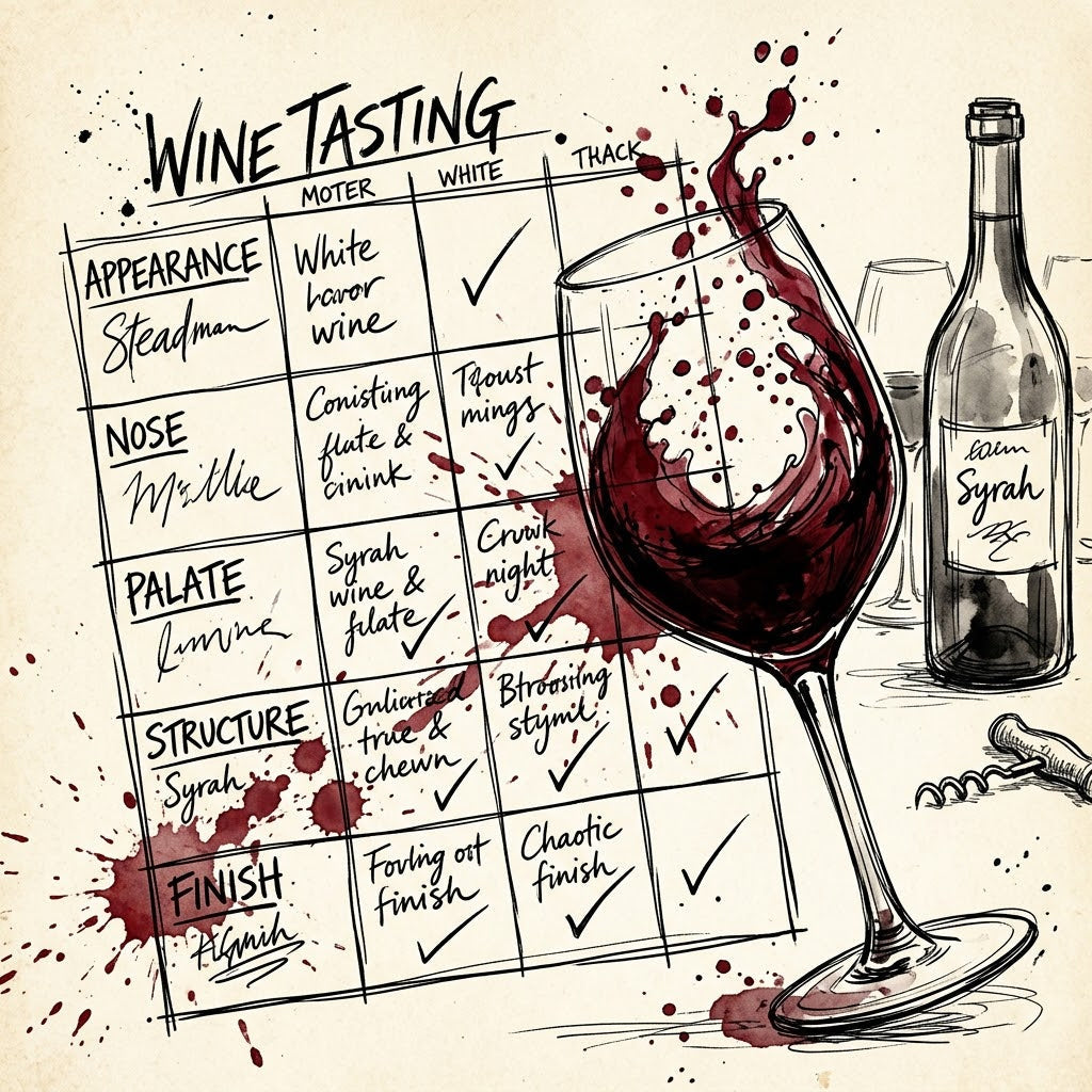 Manic Steadman-style ink illustration on cream paper of an academic tasting grid being splashed by a violently swirled glass of deep red wine. Dynamic red ink stains the grid and paper, with an unpretentious wine bottle sketched in the background.