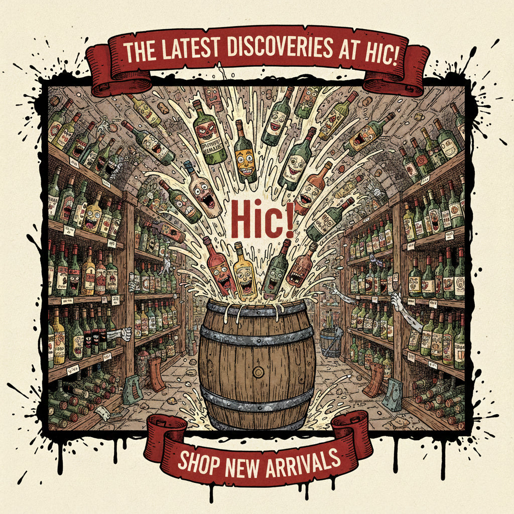 Ralph Steadman style chaotic illustration of new wines and spirits on the shelves at Hic!