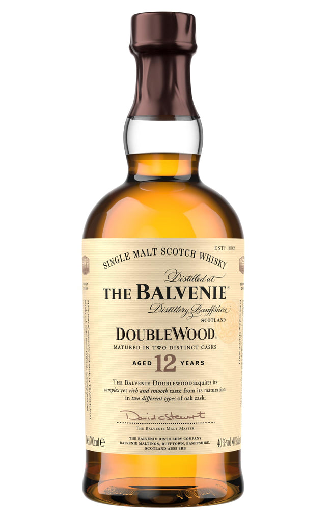 Balvenie Doublewood 12-year-old single malt Scotch whisky bottle on a white background