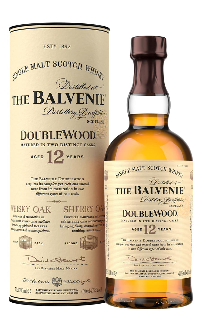 Balvenie Doublewood 12-year-old single malt Scotch whisky bottle and gift tube on a white background