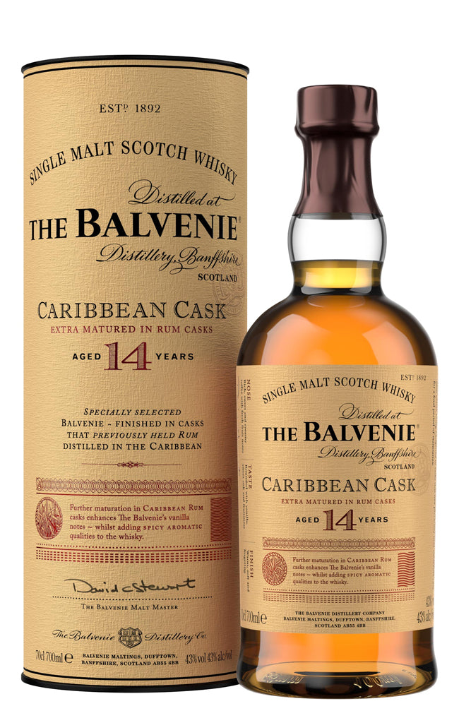 The Balvenie 14 Year Old Caribbean Cask Speyside Single Malt Scotch Whisky Bottle and gift tube on a white background