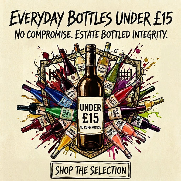 Promotional graphic for Hic! with a wine selection featuring a central brown bottle labeled 'UNDER £15' surrounded by colorful illustrated wine bottles in a basket, with text reading 'EVERYDAY BOTTLES UNDER £15' and 'SHOP THE SELECTION' on a beige background.