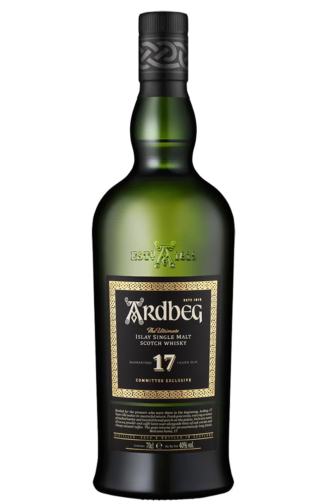 A bottle of Ardbeg 17 Year Old Single Malt Scotch Whisky on a plain white background.