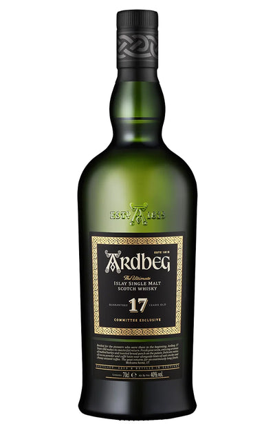 A bottle of Ardbeg 17 Year Old Single Malt Scotch Whisky on a plain white background.
