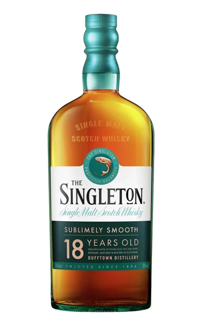 A bottle of The Singleton 18 Years Old single malt Scotch whisky, featuring amber-colored liquid, a white and green label, and a metallic teal cap, isolated on a white background.