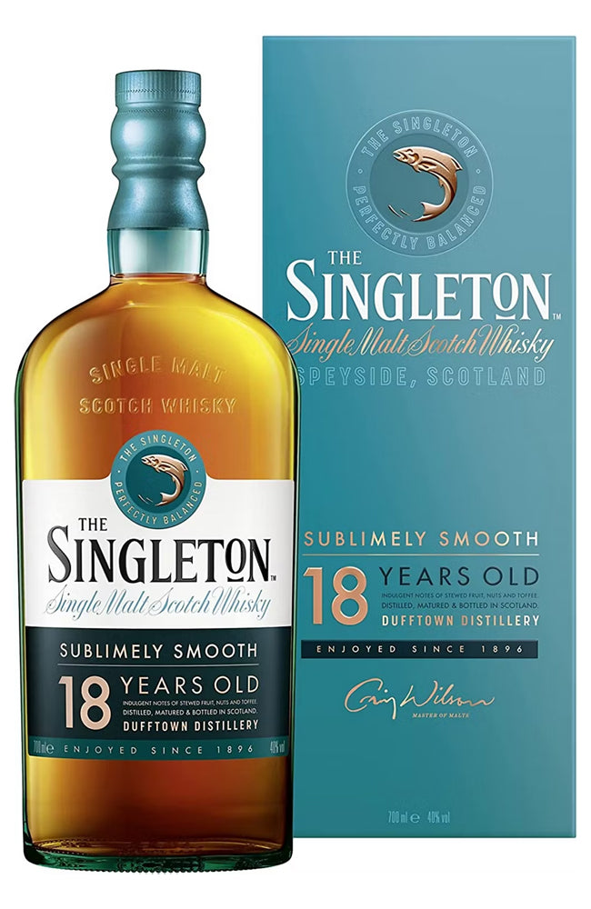 A bottle of The Singleton 18 Years Old Single Malt Scotch Whisky next to its teal packaging box, on a clean white background.
