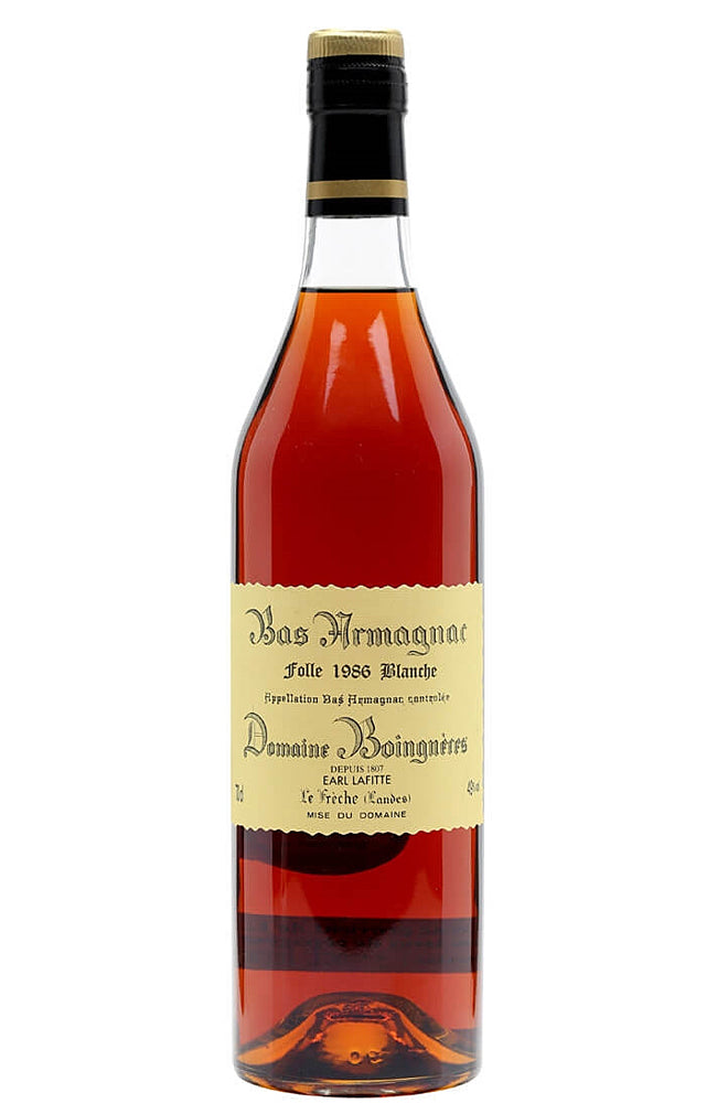 Bottle of Domaine Boingnères 1986 Folle Blanche Bas Armagnac on a white background