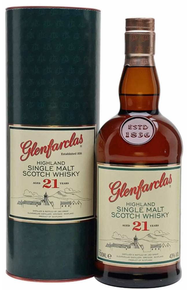 Glenfarclas 21-year-old Highland Single Malt Scotch Whisky bottle and packaging