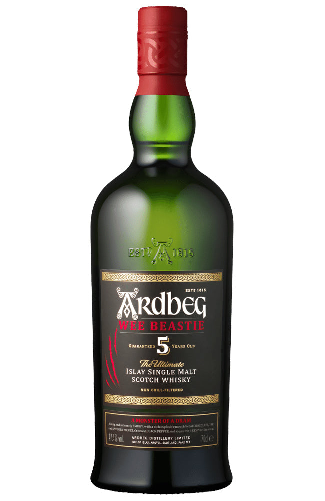Bottle of Ardbeg Wee Beastie 5 Year Old Islay Single Malt Scotch Whisky on a white background