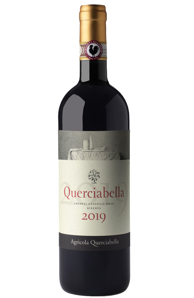 A bottle of Querciabella Chianti Classico  Riserva 2019 red wine, featuring a dark glass bottle with a cream-colored label and a gold foil capsule at the neck, set against a plain white background.