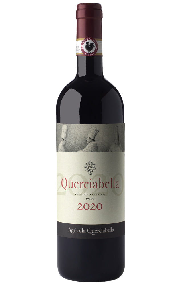 A bottle of Querciabella Chianti Classico 2020 red wine, featuring a cream-colored label with red lettering and a dark glass bottle with a dark red foil cap, isolated on a white background.
