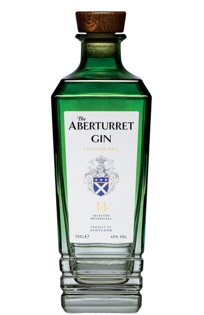 Green bottle of Aberturret Gin by The Glenturret Distillery with a white label on a white background