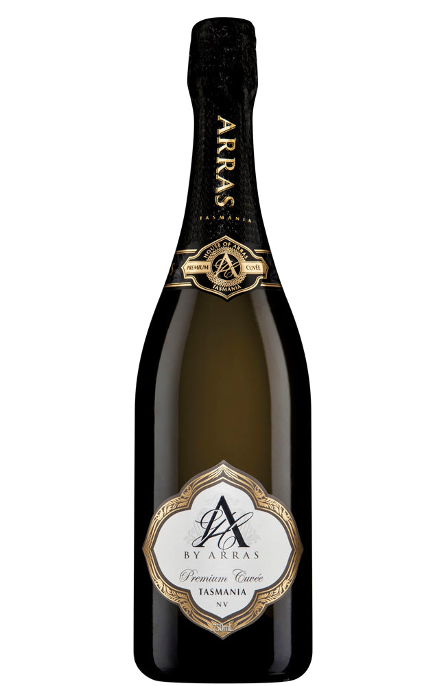 A bottle of A by Arras by Premium Tasmanian sparkling wine, featuring a dark glass bottle with gold foil detailing and a white and gold label.