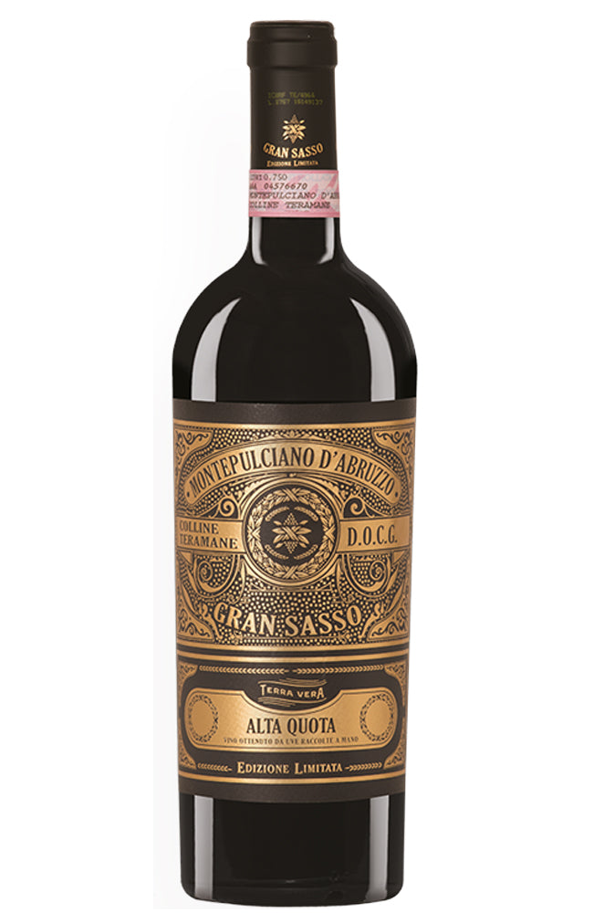A bottle of Gran Sasso Alta Quota Montepulciano d'Abruzzo red wine, featuring a dark glass bottle with a detailed gold and black label and a pink accent band near the neck, set against a plain white background.