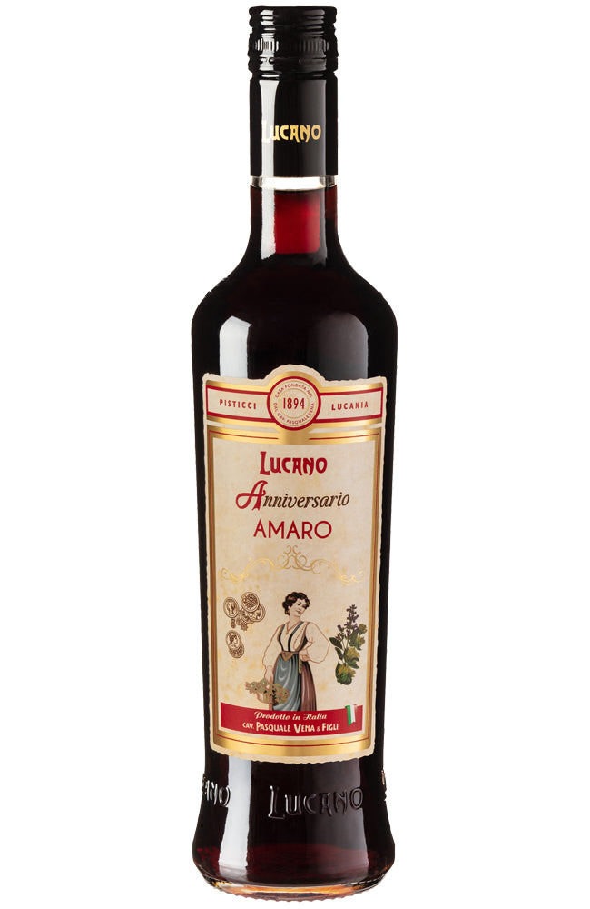 Bottle of Lucano Amaro Anniversario on a white background
