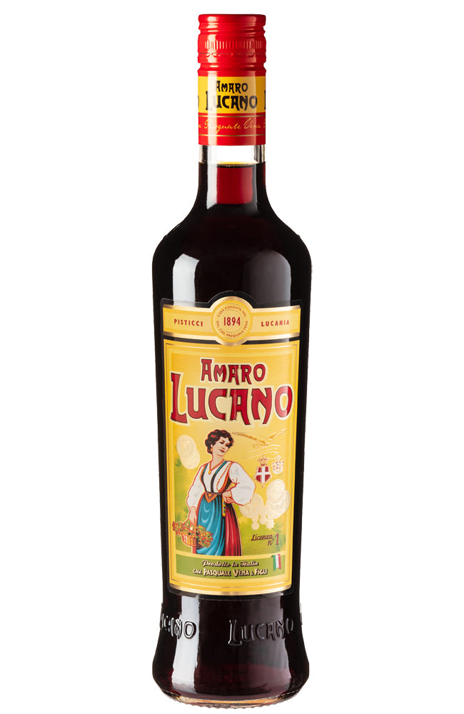 Bottle of Amaro Lucano on a white background