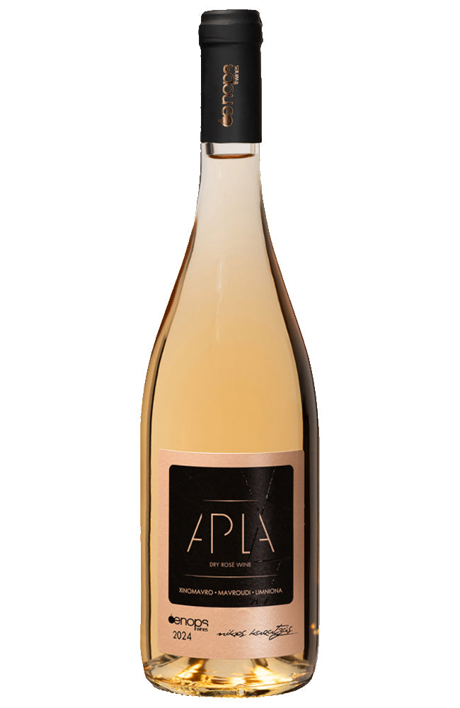 A bottle of APIA Rosé Red wine from the Oenops winery, featuring a pale pinkish-gold liquid inside a clear glass bottle with a black label and black capsule.