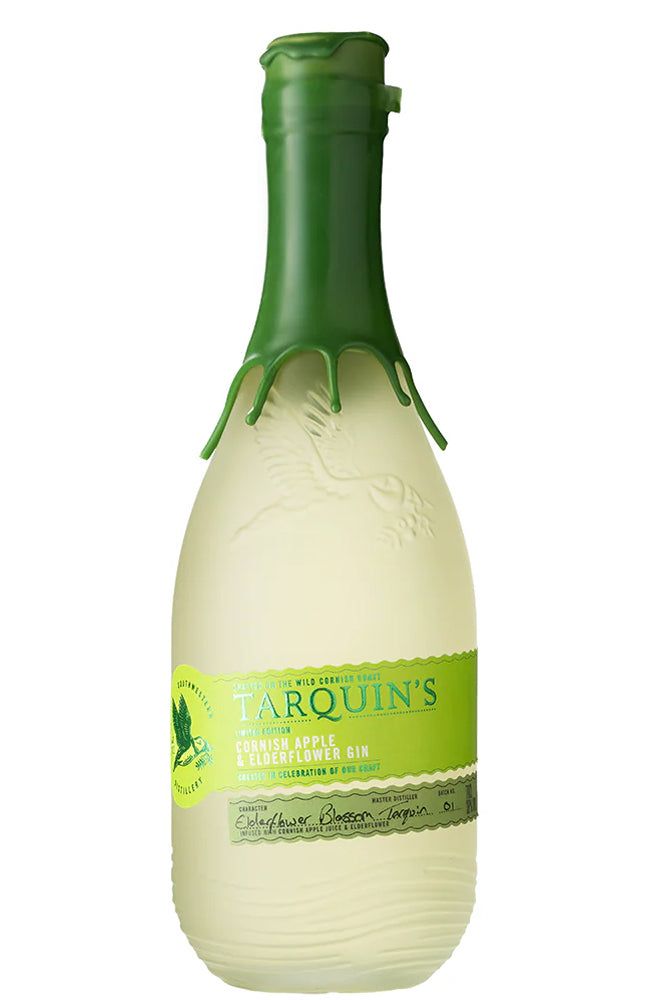 Bottle of Tarquin's Cornish Apple & Elderflower Gin on a white background