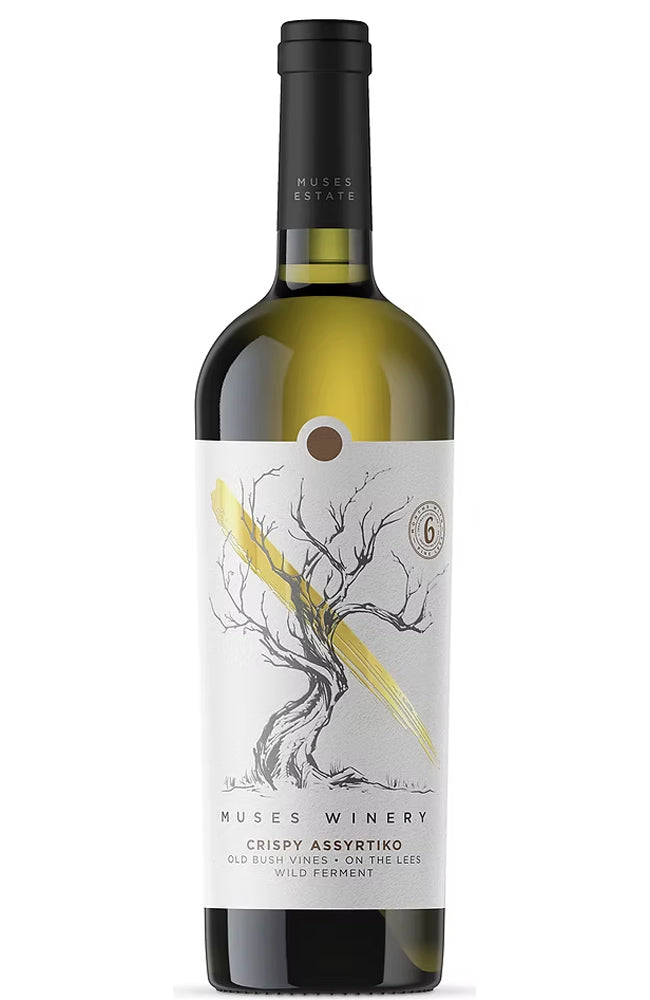 Muses Estate Assyrtiko Wine bottle with a label featuring a tree design on a white background