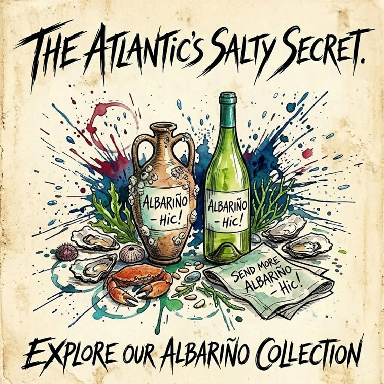 Promotional graphic for Albarño wine with oysters and a bottle, featuring 'The Atlantic's Salty Secret' text.