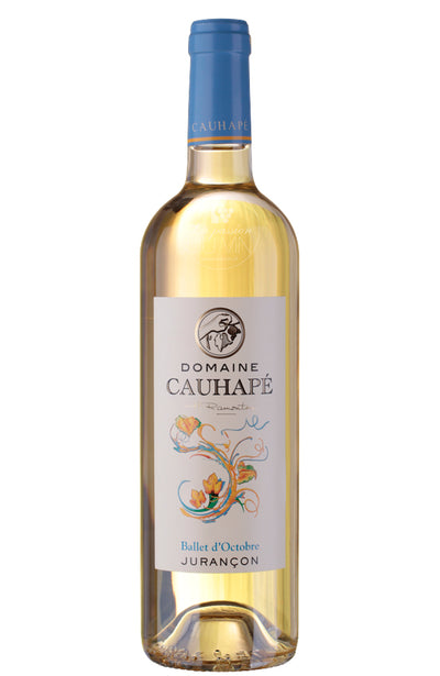 A half bottle of Domaine Cauhapé Ballet d'Octobre Jurançon with a colourful label and blue capsule on a white background