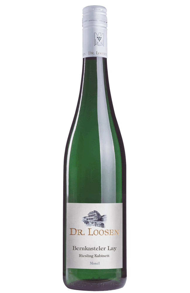 A bottle of Dr. Loosen Bernkasteler Lay Riesling Kabinett wine, featuring a dark green glass bottle, a white label with gold lettering, and a silver foil cap, set against a plain white background.