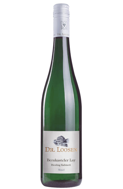 A bottle of Dr. Loosen Bernkasteler Lay Riesling Kabinett wine, featuring a dark green glass bottle, a white label with gold lettering, and a silver foil cap, set against a plain white background.