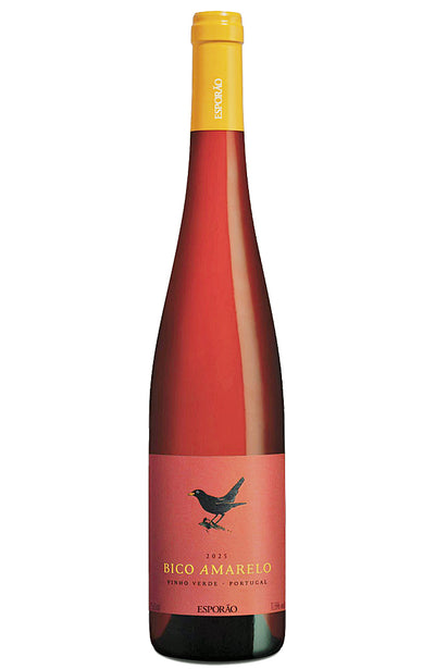 A bottle of Esporao Bico Amarelo red wine with a vibrant red label, a yellow neck foil, and a black bird logo, isolated on a white background.