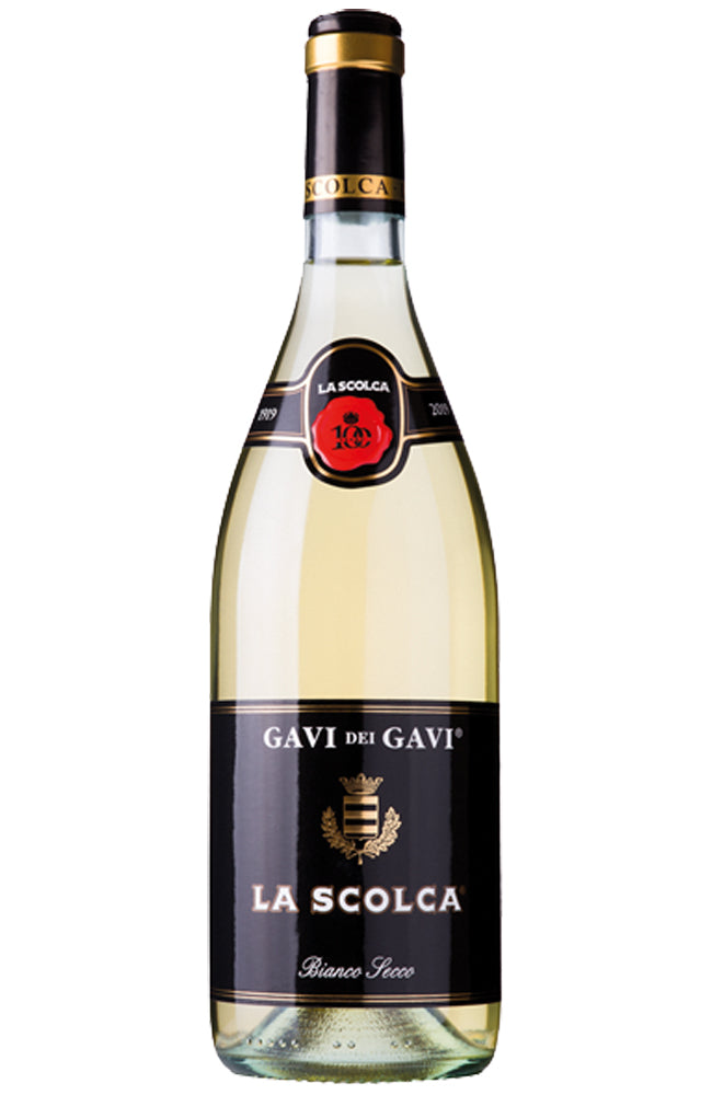 Bottle of La Scolca Black Label Gavi dei Gavi white wine on a white background