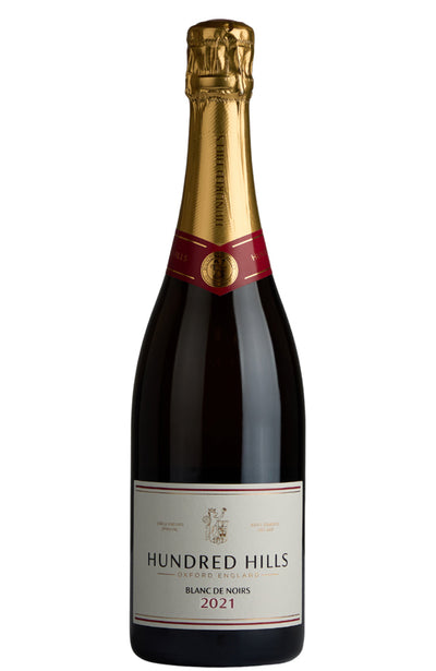 Bottle of Hundred Hills Blanc de Noirs  2021 English Sparkling Wine on a white background.